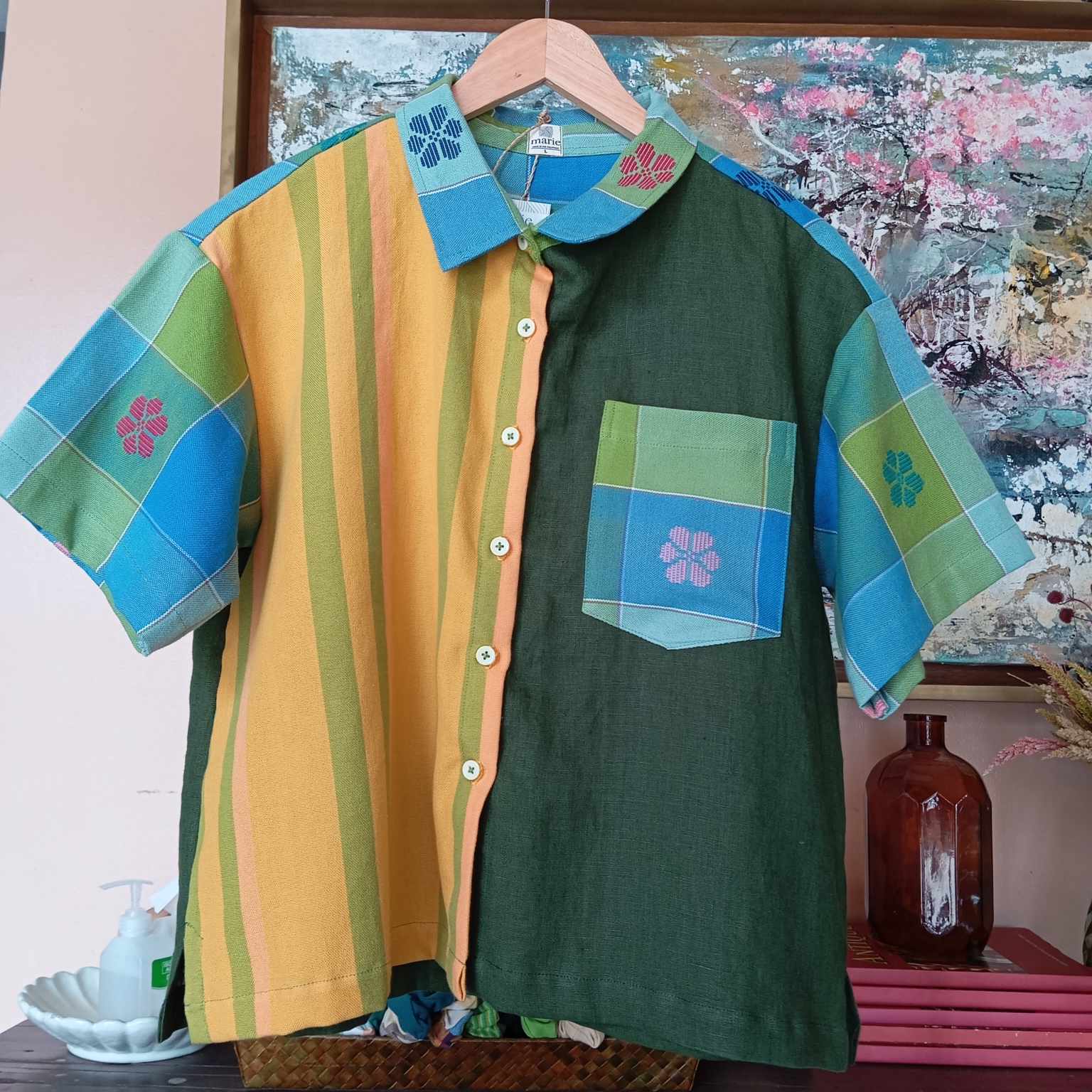 MAKULAY: COLLECTION: MIX NATIVIDAD & FOREST GREEN LINEN W/ POCKET  (TANIA SLEEVES & COLLAR)