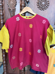 CORAZON: RED FLOWERS W/ YELLOW LINEN SLEEVES*