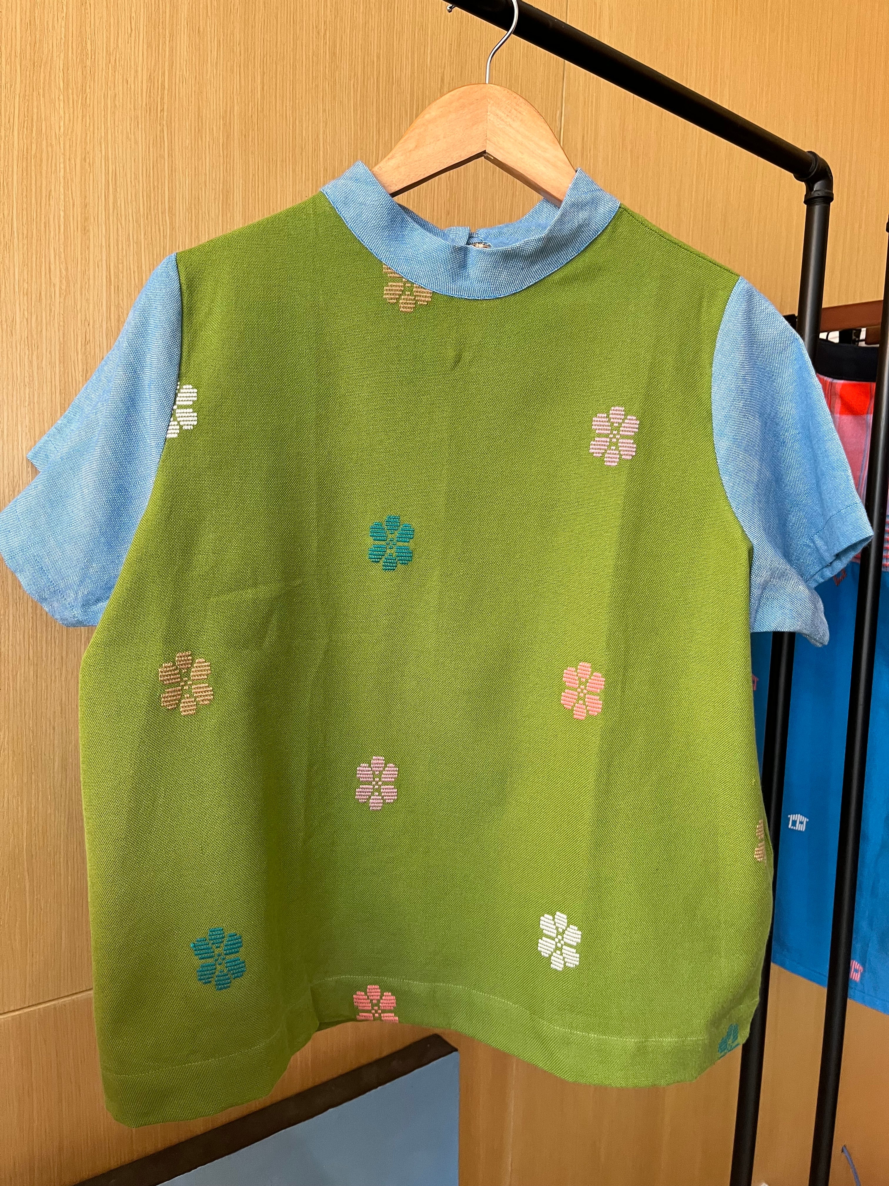 PAMANA V1: AVOCADO GREEN FLOWERS W/ DENIM COTTON ( SLEEVES, COLLAR)