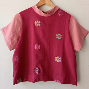 PAMANA V1: RED FLOWERS W/ CORAL PINK LINEN SLEEVES & COLLAR