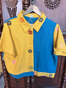 MARIKIT: MIX YELLOW FLOWERS / BLUE GREEN LINEN W/ YELLOW FLOWERS SLEEVES