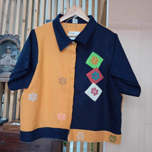 MARIKIT: MIX MUSTARD FLOWERS / DARK BLUE LINEN W/ PATCHES **