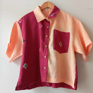 MAKULAY: MIX RED DIAMANTE &  PEACH LINEN W/ POCKET / PEACH LINEN SLEEVES