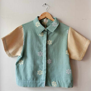 MATAHUM COLLECTION: MARIKIT in CELADON FLOWERS FULL W/ PIÑA ( LEMON OF KAWAYAN ) SLEEVES