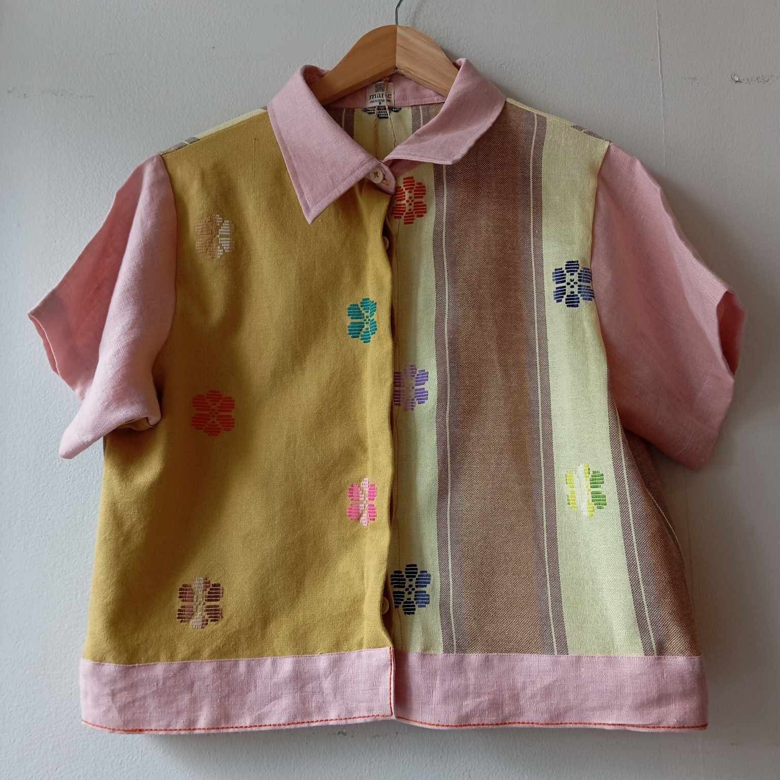 MARIKIT: MIX MOSS GREEN FLOWERS / FIONA W/ LIGHT PINK LINEN SLEEVES & COLLAR