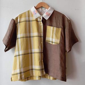 MAKULAY: MIX JANELLA / CHOCO BROWN LINEN W/ POCKET / BROWN LINEN SLEEVES